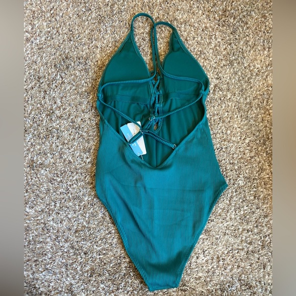 Cupshe Remind Me Solid Ribbed One Piece Swimsuit Green Large Lace Up Front - Picture 5 of 7